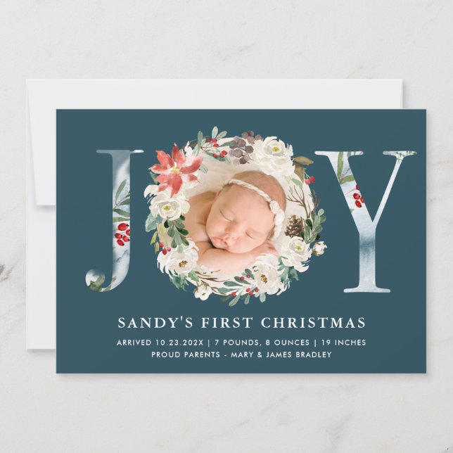 Baby First Christmas JOY Poinsettia Floral Photo Holiday Card (Front)