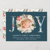 Baby First Christmas JOY Poinsettia Floral Photo Holiday Card (Front/Back)