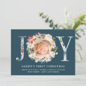 Baby First Christmas JOY Poinsettia Floral Photo Holiday Card (Standing Front)