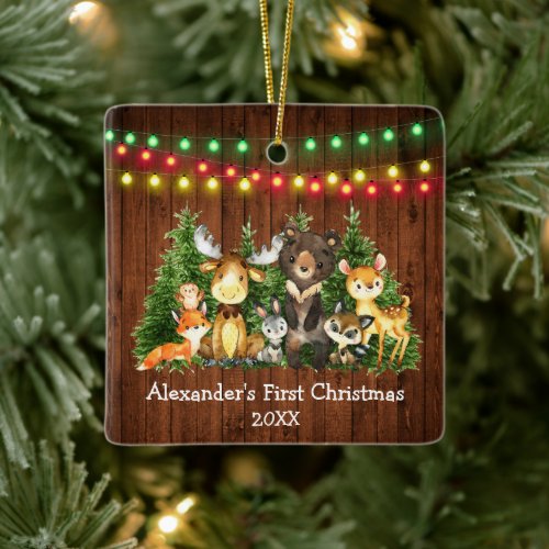 Baby First Christmas Lights Forest Animals Ceramic Ornament