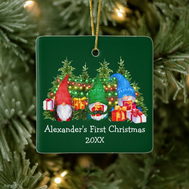 Baby First Christmas Lights Gnomes Green Square Ceramic Ornament (Tree)