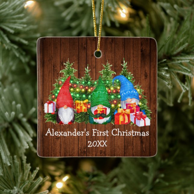 Baby First Christmas Lights Gnomes Rustic Square Ceramic Ornament (Tree)