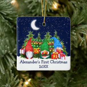Baby First Christmas Lights Sky Watercolor Gnomes Ceramic Ornament