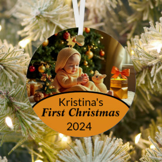 Baby First Christmas Magical Gold Snowflakes Photo Metal Ornament