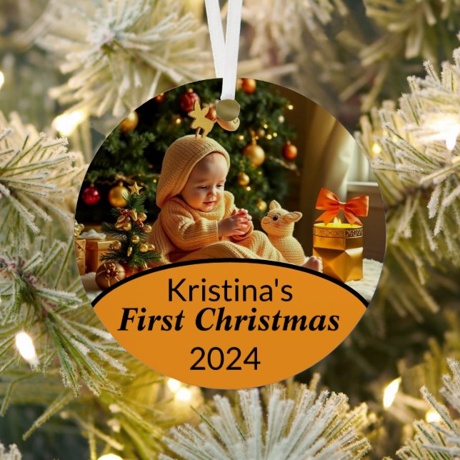 Baby First Christmas Magical Gold Snowflakes Photo Metal Ornament (Insitu)