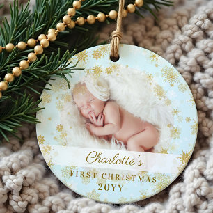 Baby First Christmas Magical Gold Snowflakes Photo Ornament