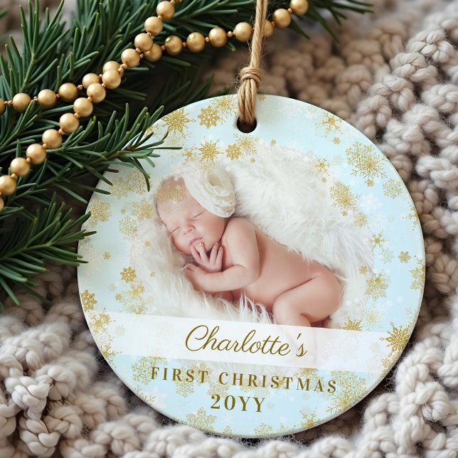 Baby First Christmas Magical Gold Snowflakes Photo Ornament (Baby First Christmas Magical Gold Snowflakes Photo Ornament)