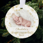Baby First Christmas Magical Gold Snowflakes Photo Ornament<br><div class="desc">Magical gold snowflake border baby's first Christmas photo keepsake ornament. Baby's first Christmas keepsake ornament can be customized with the baby's name,  the year,  and one photo on the front and one on the back.</div>