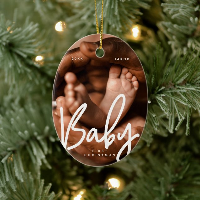 Baby First Christmas Modern Elegant Chic Photo Ceramic Ornament (Tree)