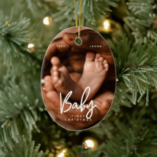 Baby First Christmas Modern Elegant Chic Photo Ceramic Ornament