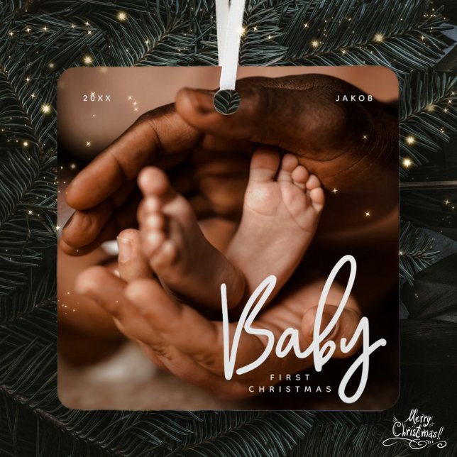 Baby First Christmas Modern Elegant Chic Photo Metal Ornament (Creator Uploaded)