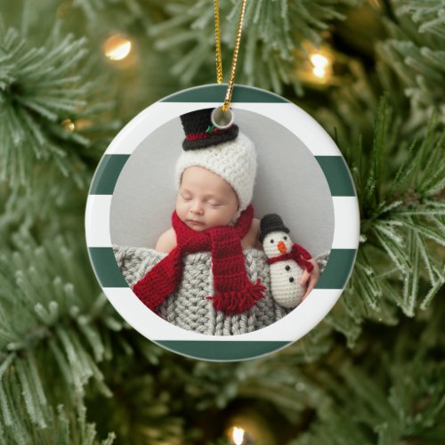 Baby First Christmas Modern Green Stripes Photo Ceramic Ornament