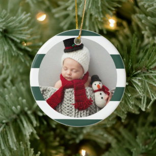 Baby First Christmas Modern Green Stripes Photo Ceramic Ornament
