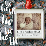 Baby First Christmas Modern Minimalist Photo Metal Ornament<br><div class="desc">Design is composed of fun and playful typography with sans serif and serif font. Add a custom photo of your baby,  or change the photo filter.</div>