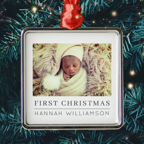 Baby First Christmas Modern Minimalist Photo Metal Ornament