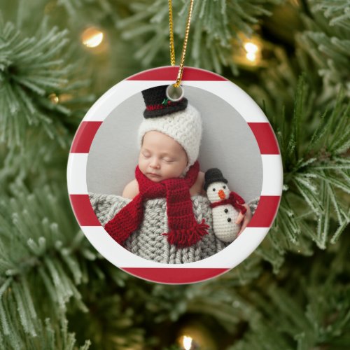 Baby First Christmas Modern Red Stripes Photo Ceramic Ornament