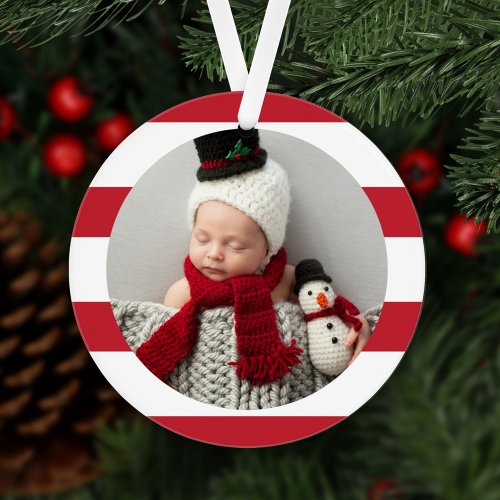 Baby First Christmas Modern Red Stripes Photo Ornament
