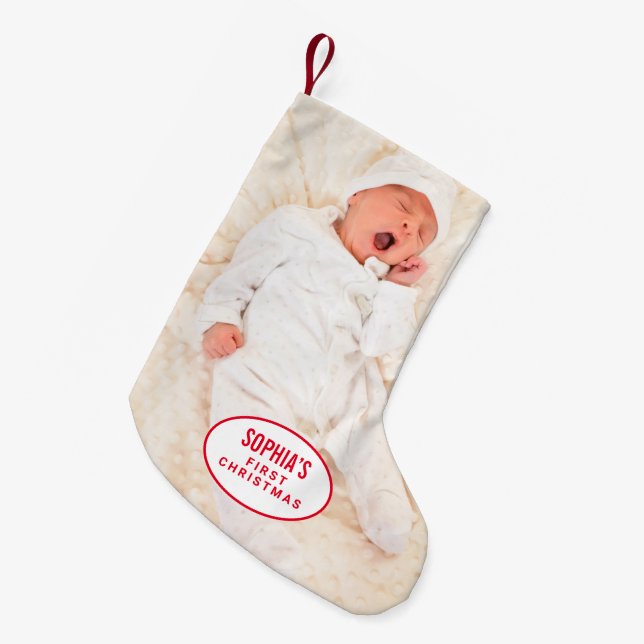 Baby First Christmas Monogram Name Photo Small Christmas Stocking (Front (Hanging))