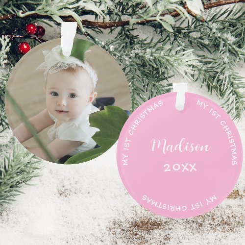 Baby First Christmas Name And Photo Pastel Pink  Ornament