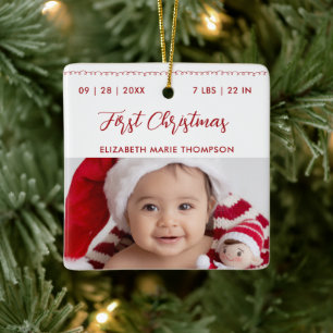 Baby First Christmas Name Birth Stats Calligraphy Ceramic Ornament