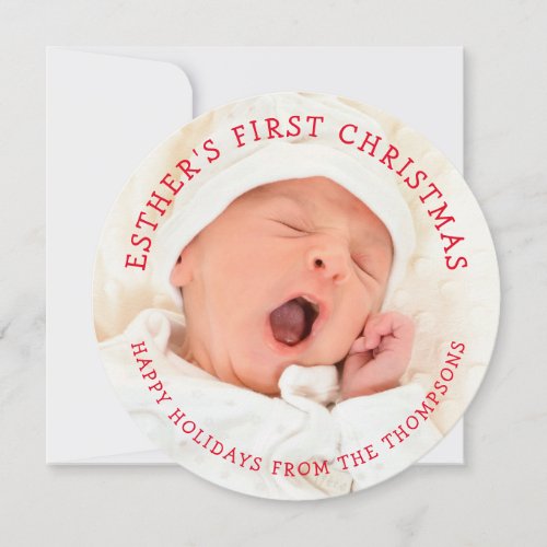Baby First Christmas Name Photo Circular Christmas Holiday Card
