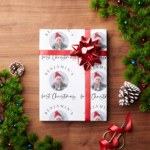 Baby First Christmas Name Photo Pattern Wrapping Paper