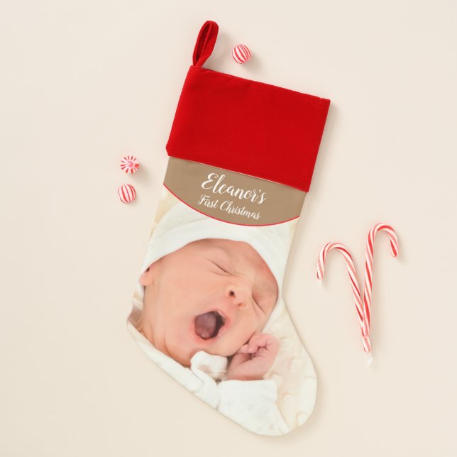 Baby First Christmas Name Photo White Typography Christmas Stocking (Front)