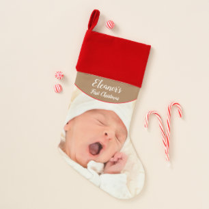 Baby First Christmas Name Photo White Typography Stocking