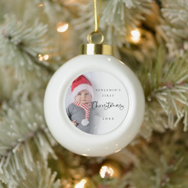Baby First Christmas Name Year Photo Ceramic Ball Christmas Ornament (Tree)