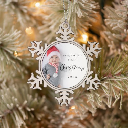 Baby First Christmas Name Year Photo Keepsake Snowflake Pewter Christmas Ornament