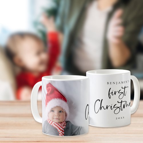 Baby First Christmas Name Year Photo Overlay Coffee Mug