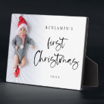 Baby First Christmas Name Year Photo Overlay Plaque<br><div class="desc">Baby First Christmas Name Year Photo Overlay. Lovely to celebrate your baby's first Christmas for yourself and to gift. A playful set script for First Christmas and the rest of the text is easy to personalize. Replace the sample photo with your own. A gradient overlay layer is on top of...</div>