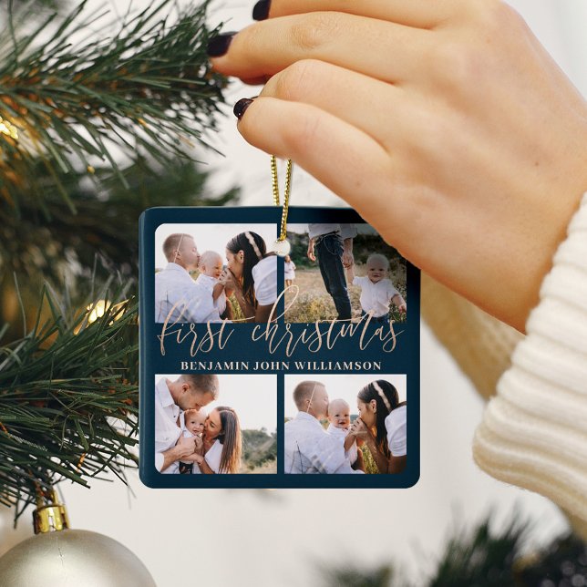Baby First Christmas Navy Gold Script Four Photo Ceramic Ornament (Baby First Christmas Navy Gold Script Four Photo Ceramic Ornament)