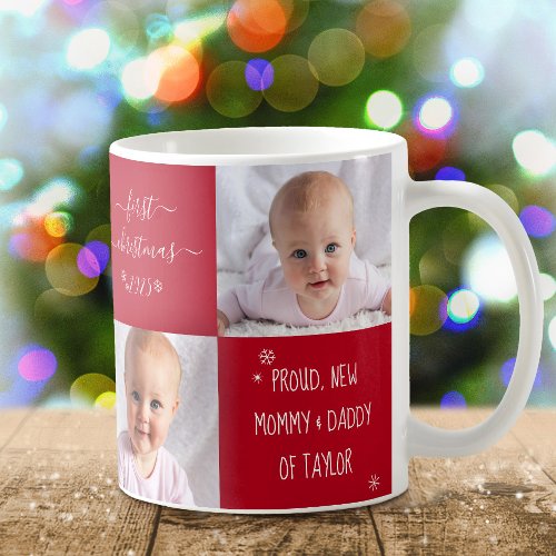 Baby First Christmas New Mom Dad 2 Photo Custom Coffee Mug