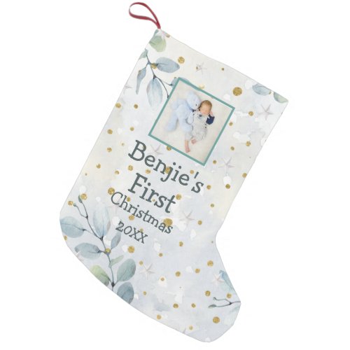Baby First Christmas One Photo Name Year White Small Christmas Stocking