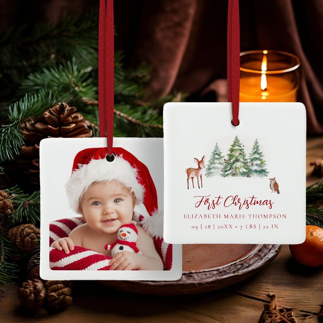 Baby First Christmas Owl Deer Woodland Photo  Ceramic Ornament (baby first christmas ornament woodland deer owl trees baubles photo template red calligraphy)