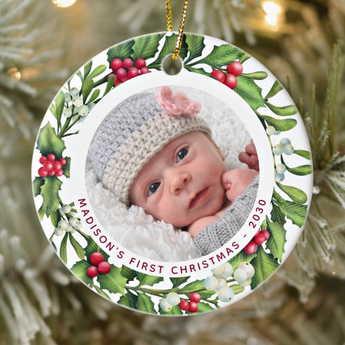 Baby First Christmas Personalize 2 Photo Mistletoe Ceramic Ornament