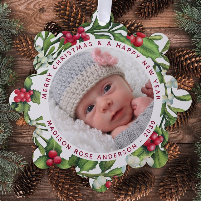 Baby First Christmas Personalized Photo Mistletoe Ornament Card (Creator Uploaded)