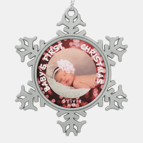 Baby First Christmas Personalized Photo Snowflake Pewter Christmas Ornament