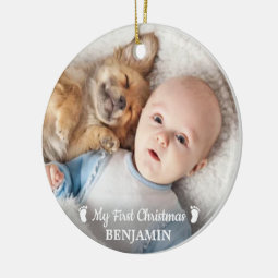Baby First Christmas Personalized Simple Photo Ceramic Ornament | Zazzle