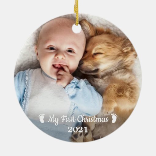 Baby First Christmas Personalized Simple Photo Ceramic Ornament | Zazzle