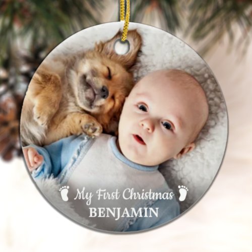 Baby First Christmas Personalized Simple Photo  Ceramic Ornament