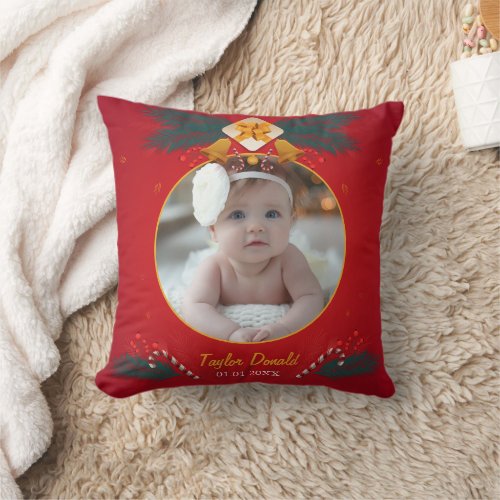 Baby First Christmas Photo and Name Throw Pillow