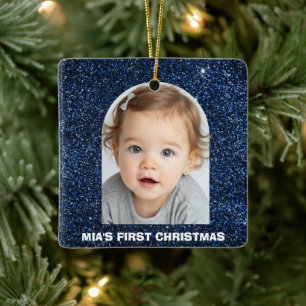 Baby First Christmas Photo Blue Glitter Ornament