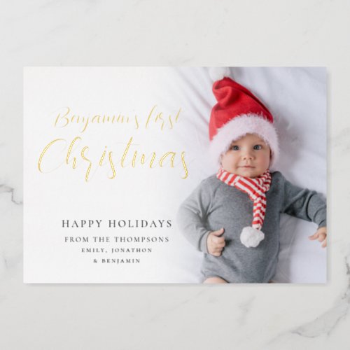 Baby First Christmas Photo Calligraphy Luxury Real Foil Holiday Card