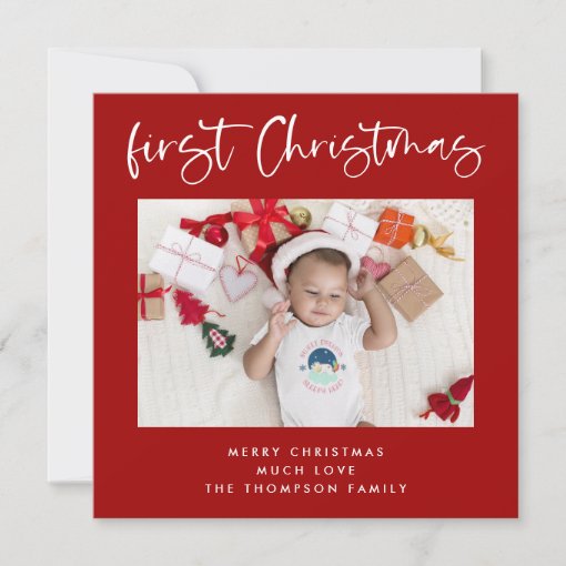 Baby First Christmas Photo Christmas Red Square Holiday Card | Zazzle