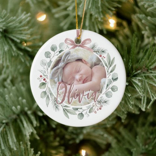 Baby First Christmas Photo Dusty Rose & Greenery Ceramic Ornament