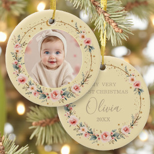 Baby First Christmas Photo Gold Celestial Stars Ceramic Ornament