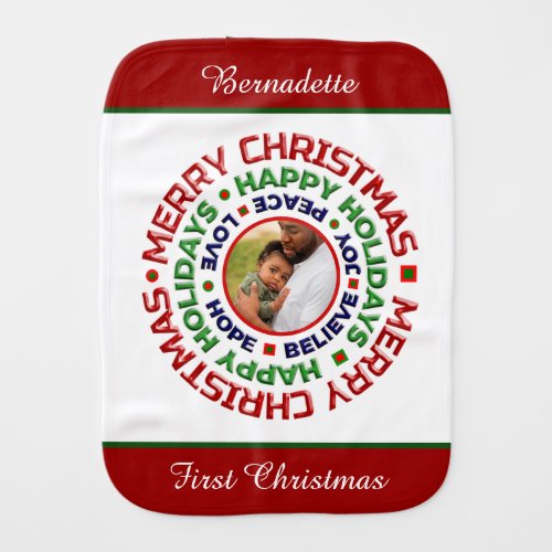 Baby First Christmas Photo Holiday Personalize    Baby Burp Cloth