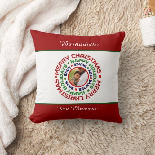 Baby First Christmas Photo Holiday Personalize    Throw Pillow